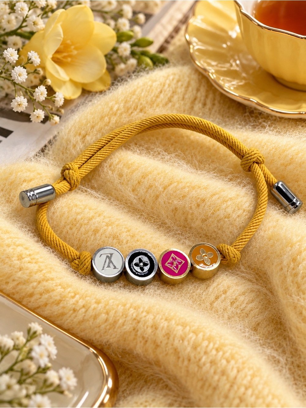 Adjustable Enamel Charm Cord Bracelet Multicolor